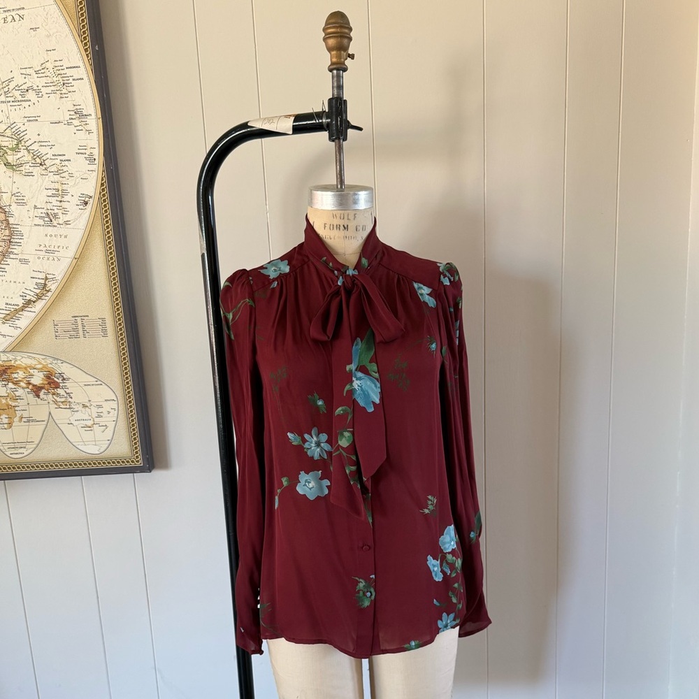 Joie Burgundy Floral Blouse with Tie-Neck